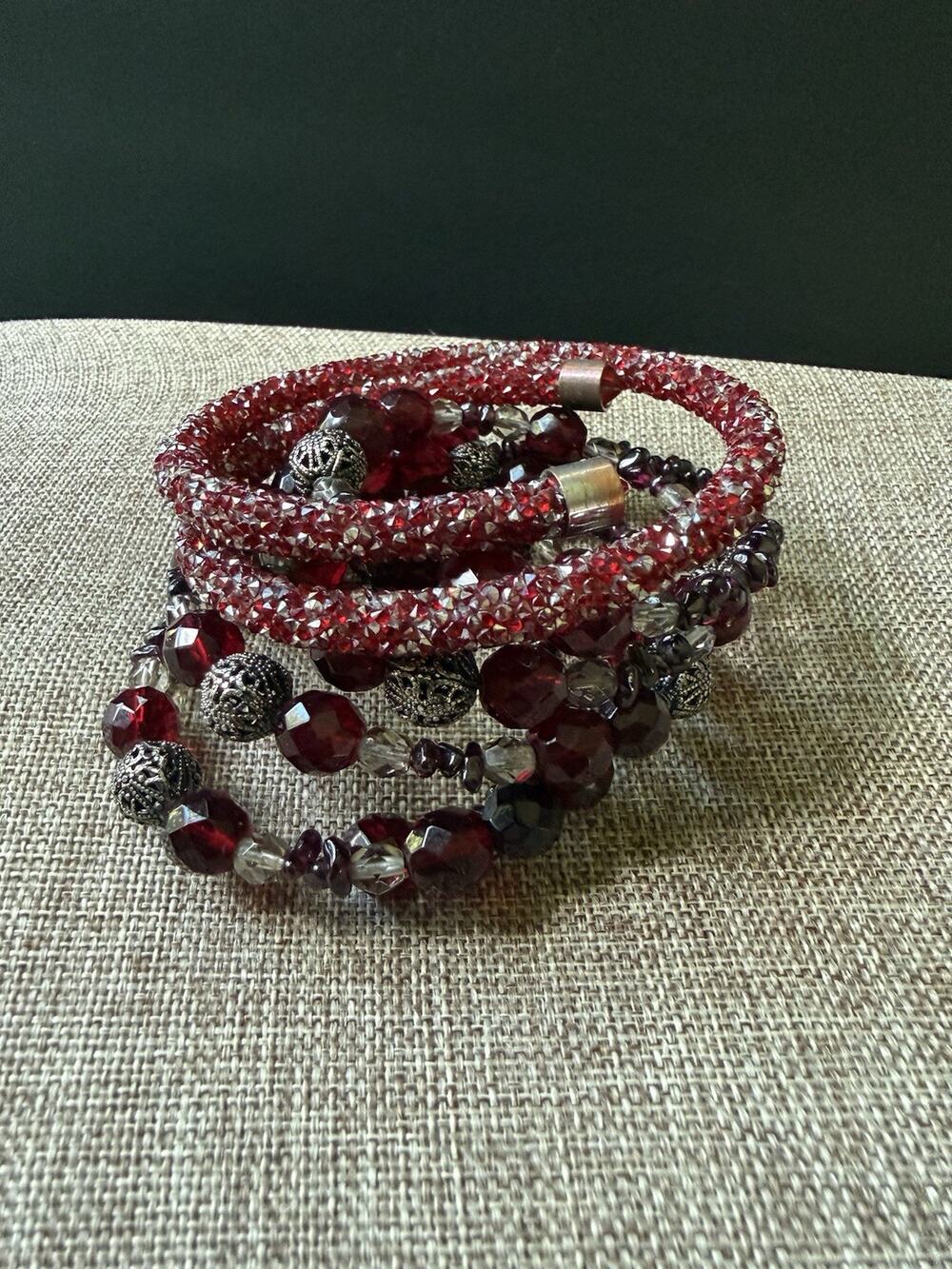 Glass Bead Memory Wire Bracelet Set (2) Red Spiral Boho Art To Wear Festival